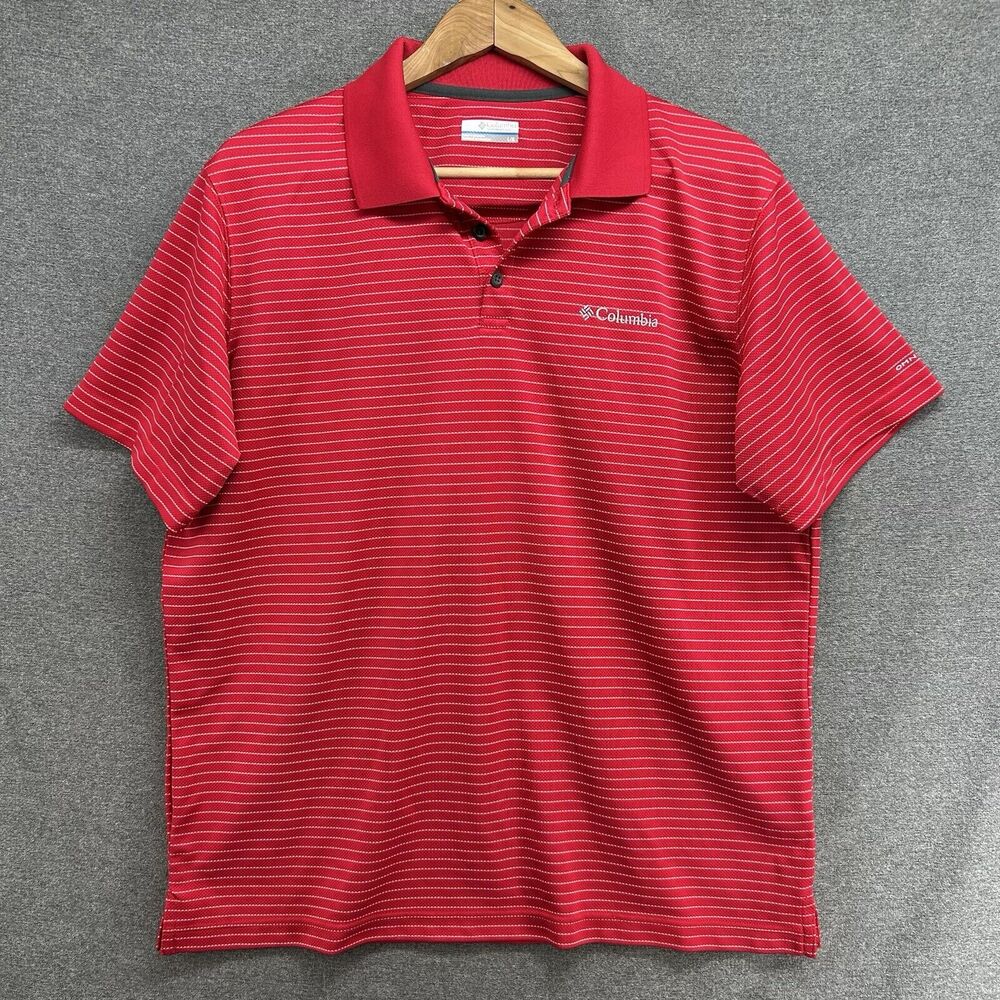 Columbia Omni-Wick Polo Shirt Mens L Red Striped Short Sleeve Golf Short Sleeve